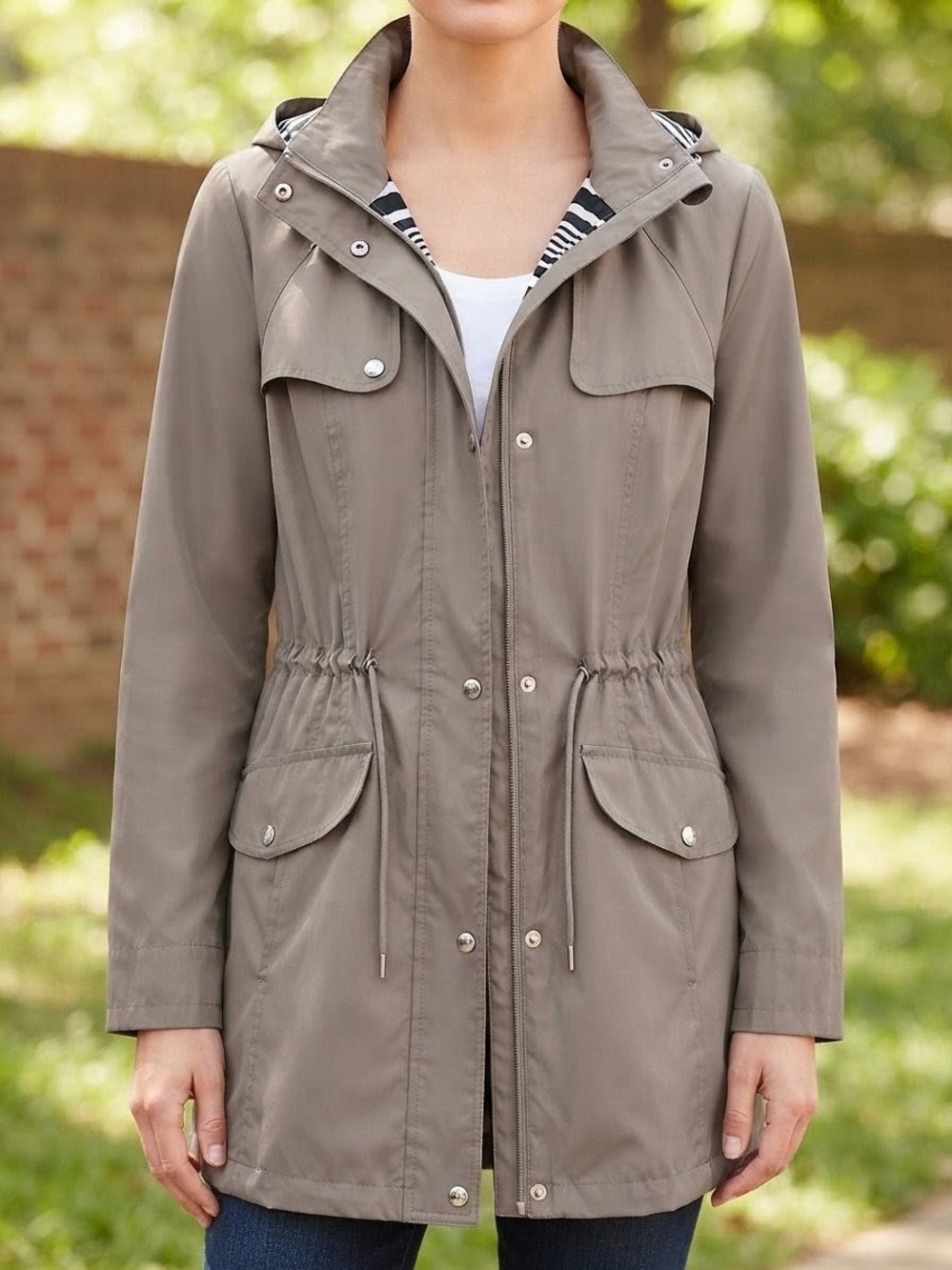 Croft & Barrow Hooded Utility Jacket Taupe with Navy White Striped Lining XL